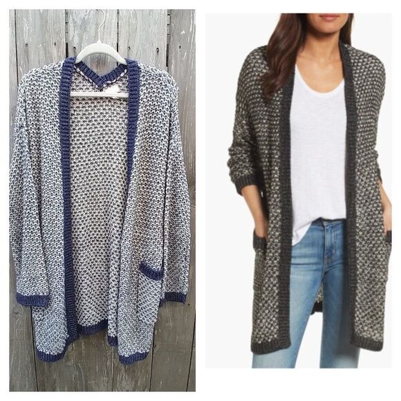 Caslon size L open front cardigan ribbon yarn blue white - Picture 1 of 11